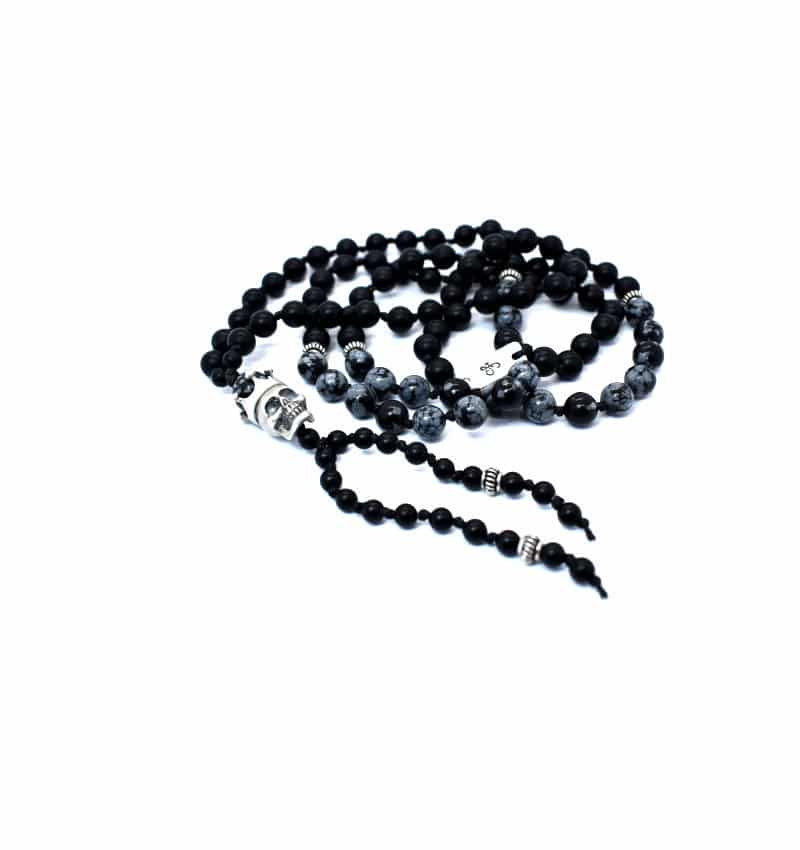Ανδρικό κολιέ ''ροζάριο'' νεκροκεφαλή από ασήμι με πέτρες obsidian snow flake & black onyx N0082