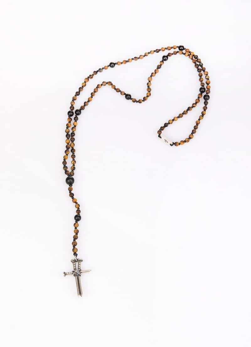 Ανδρικό κολιέ ''ροζάριο'' σταυρός με καρφιά από ασήμι (925'') με πέτρες tiger-eye & black onyx N000097